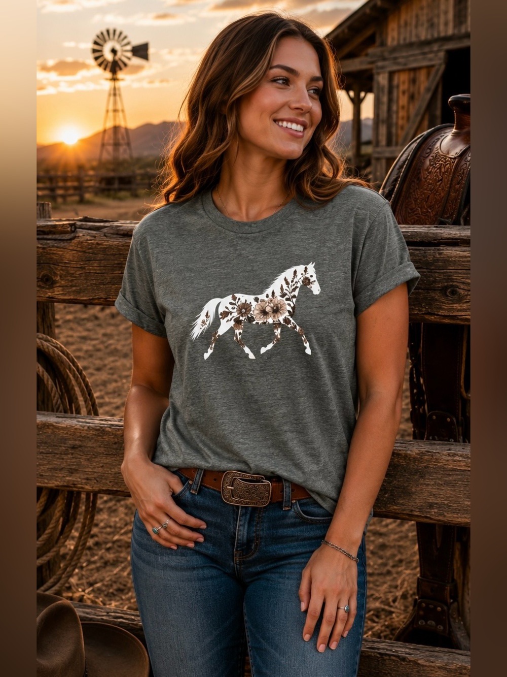 Western Equestrian Horse Lovers Ladies Gray Floral Horse Tee Shirt Medium New
